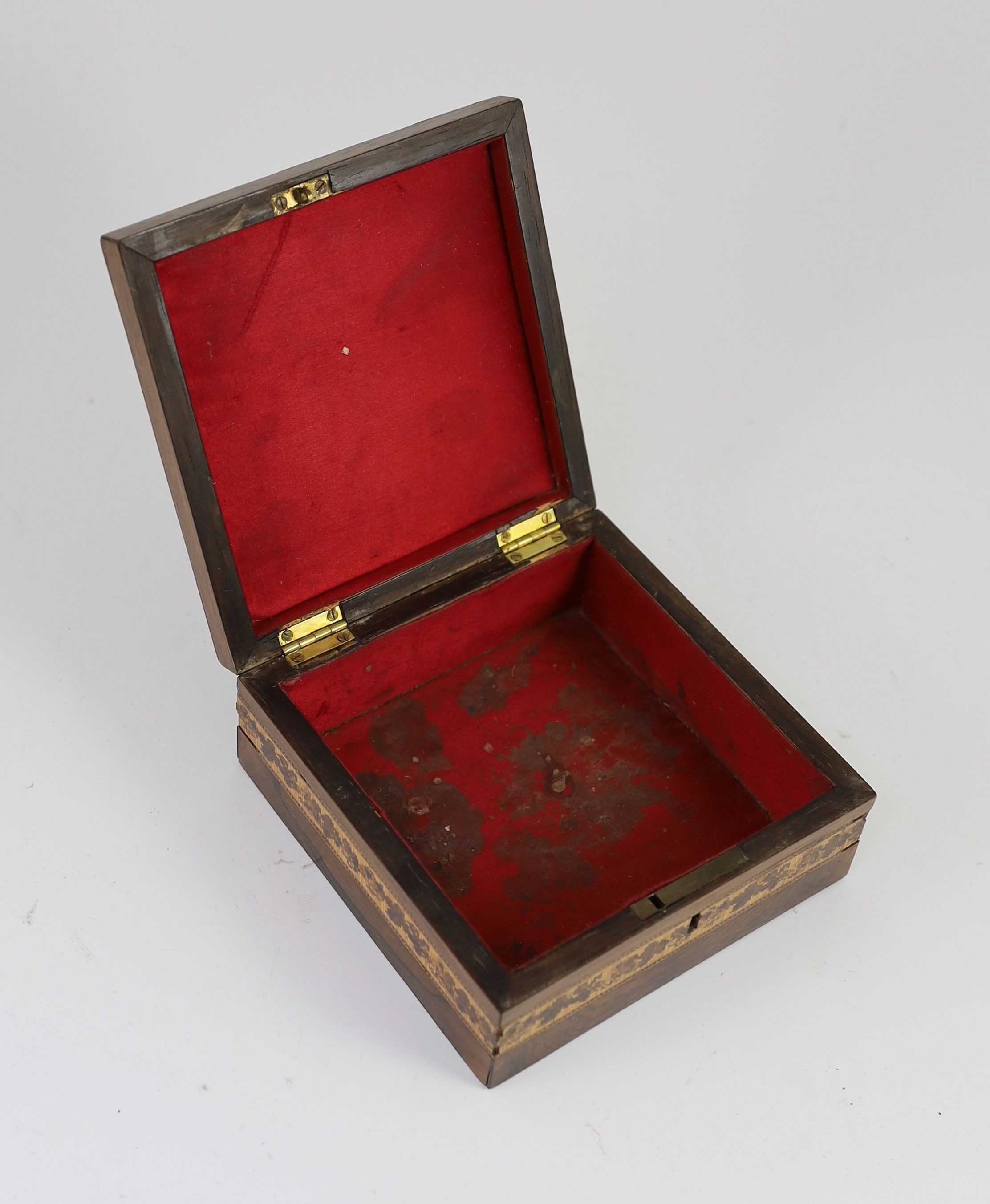 A 19th century rosewood and Tunbridgeware box, 15.5cm